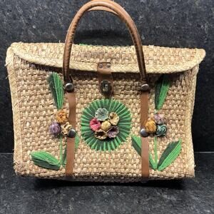 Vintage 70s Acapulco Straw Hand Woven Large Tote Beach Bag Purse 3D Flowers